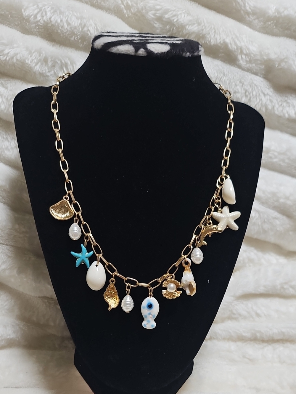 Gold Shell & Sea Charm Necklace/bag Chrms with White and Turquoise Accents
